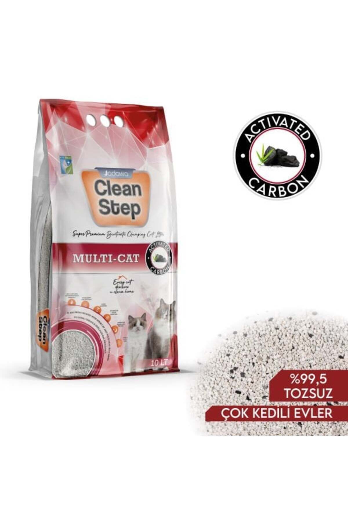 Clean Step Multi-Cat Çoklu Kediler için Aktif Karbonlu Topaklanan Doğal Kedi Kumu İnce 10 Lt