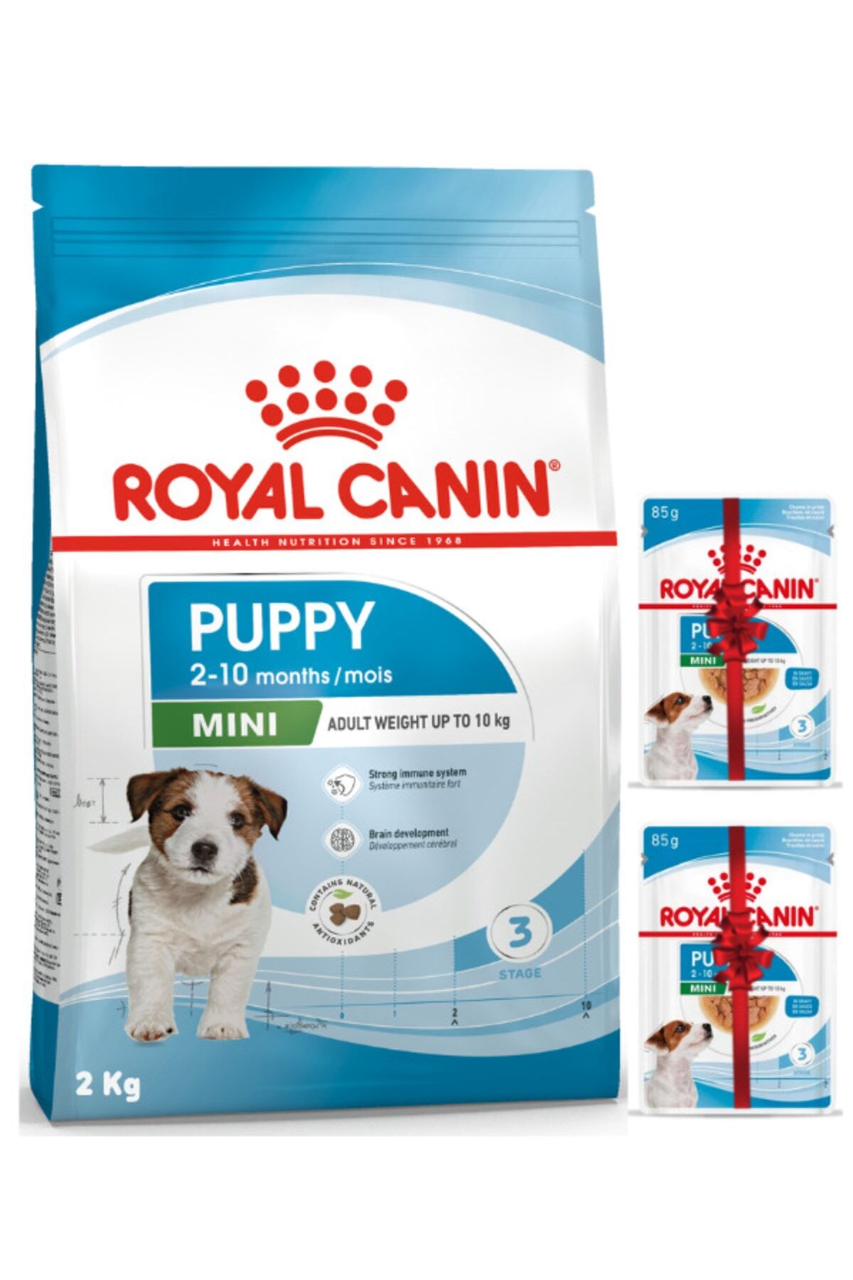 Mini Puppy Küçük Irk Yavru Köpek Maması 2 Kg + 2 Adet 85 Gr Pouch Konserve Yaş Mama Hediye