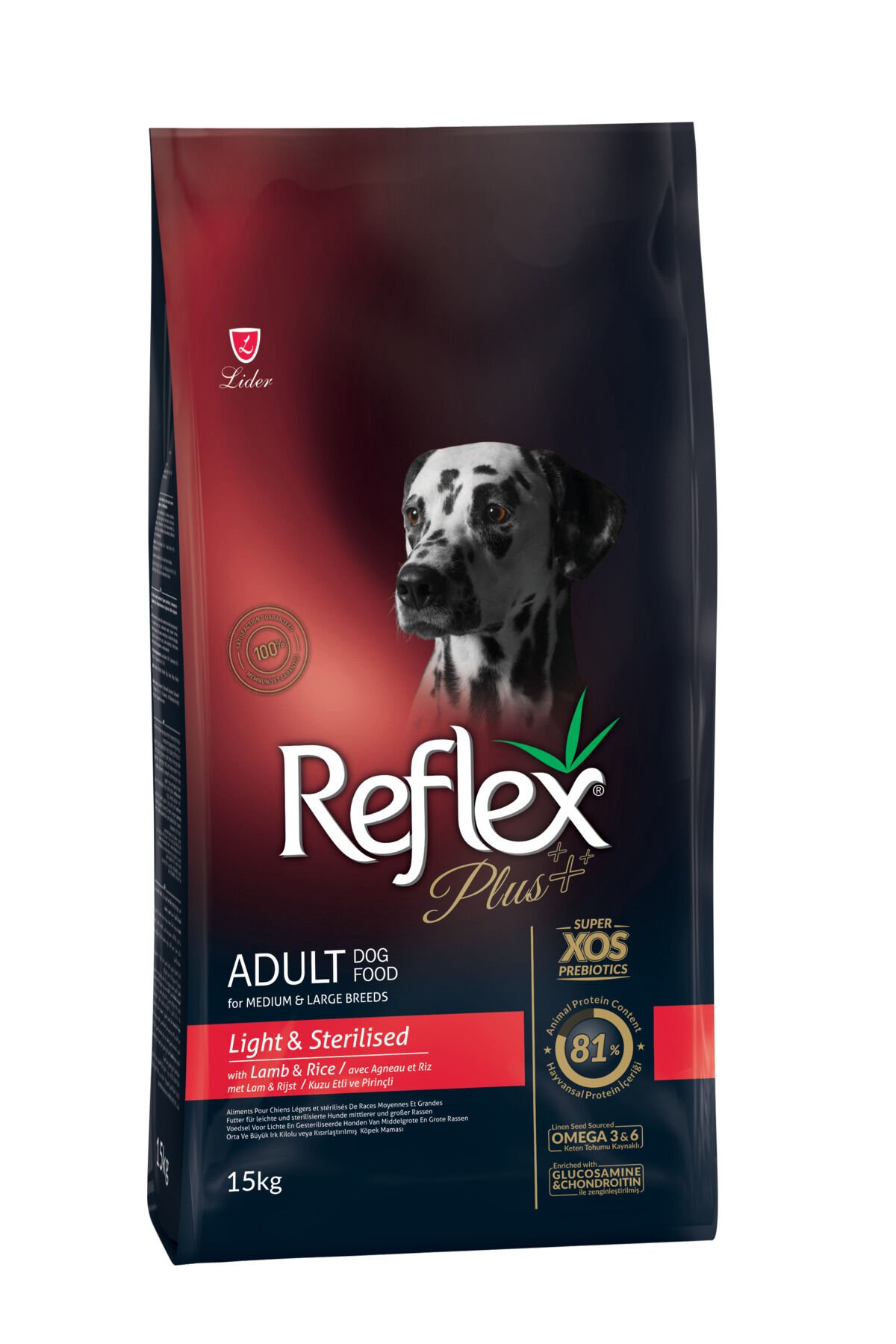 Plus Orta & Büyük Irklar için Kuzu Etli ve Pirinçli Kısırlaştırılmış Yetişkin Köpek Maması 15 kg